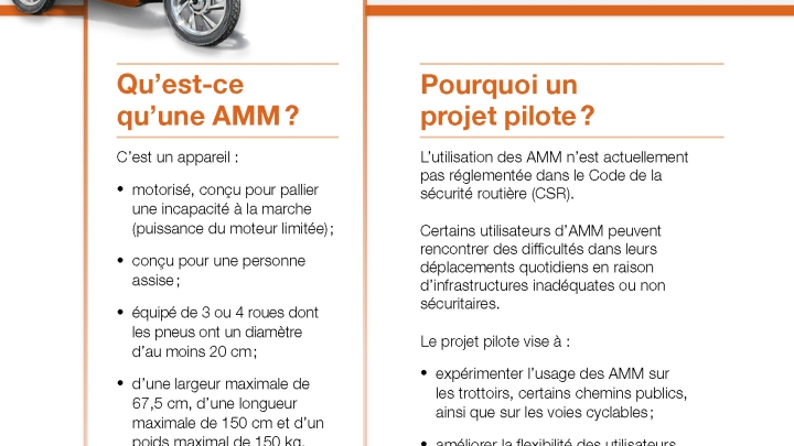 Le projet pilote relatif aux aides à la mobilité motorisées est prolongé jusqu'au 1er juin 2020